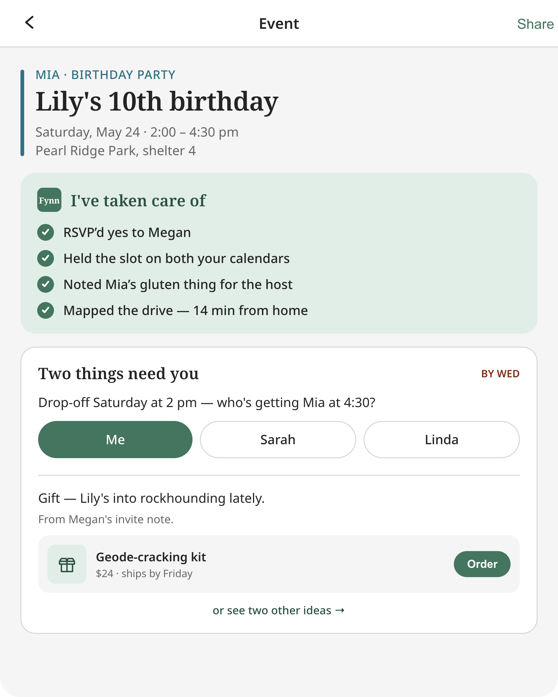 Fynn event screen for 'Lily's 10th birthday' listing what Fynn handled — RSVP'd to Megan, held the calendar slot, noted Mia's gluten allergy, mapped the drive — plus two remaining tasks: choosing the 4:30 pickup and ordering a gift.