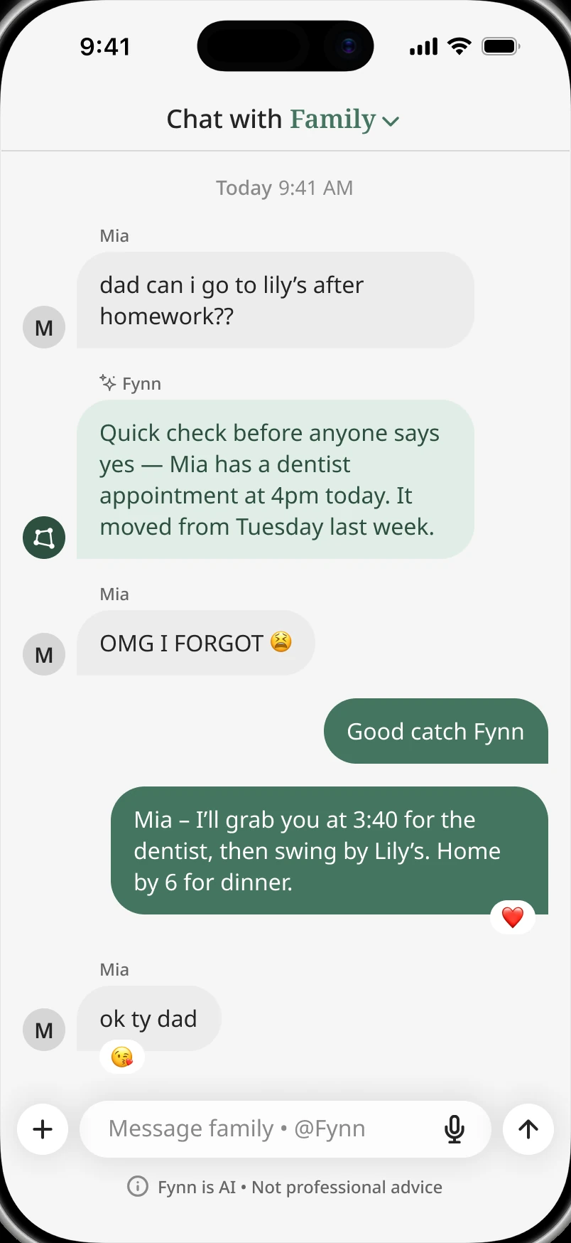Fynn family chat where Mia asks to visit Lily's after homework, Fynn flags her rescheduled 4 pm dentist appointment, and Dad confirms pickup at 3:40 with home by 6 for dinner.