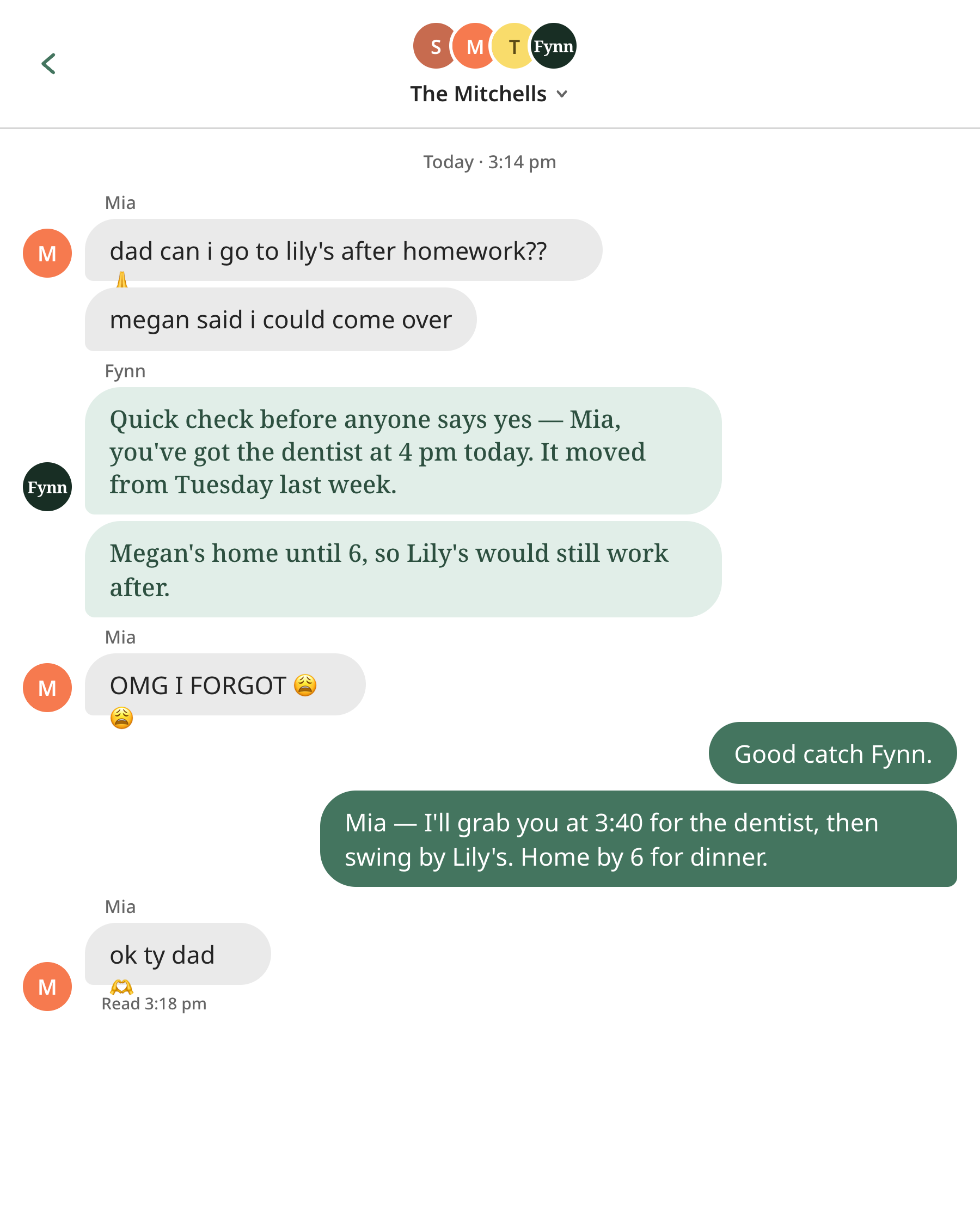 Fynn family group chat 'The Mitchells' where Mia asks to visit Lily's after homework and Fynn flags her rescheduled 4 pm dentist appointment, then Dad confirms he'll handle pickup.