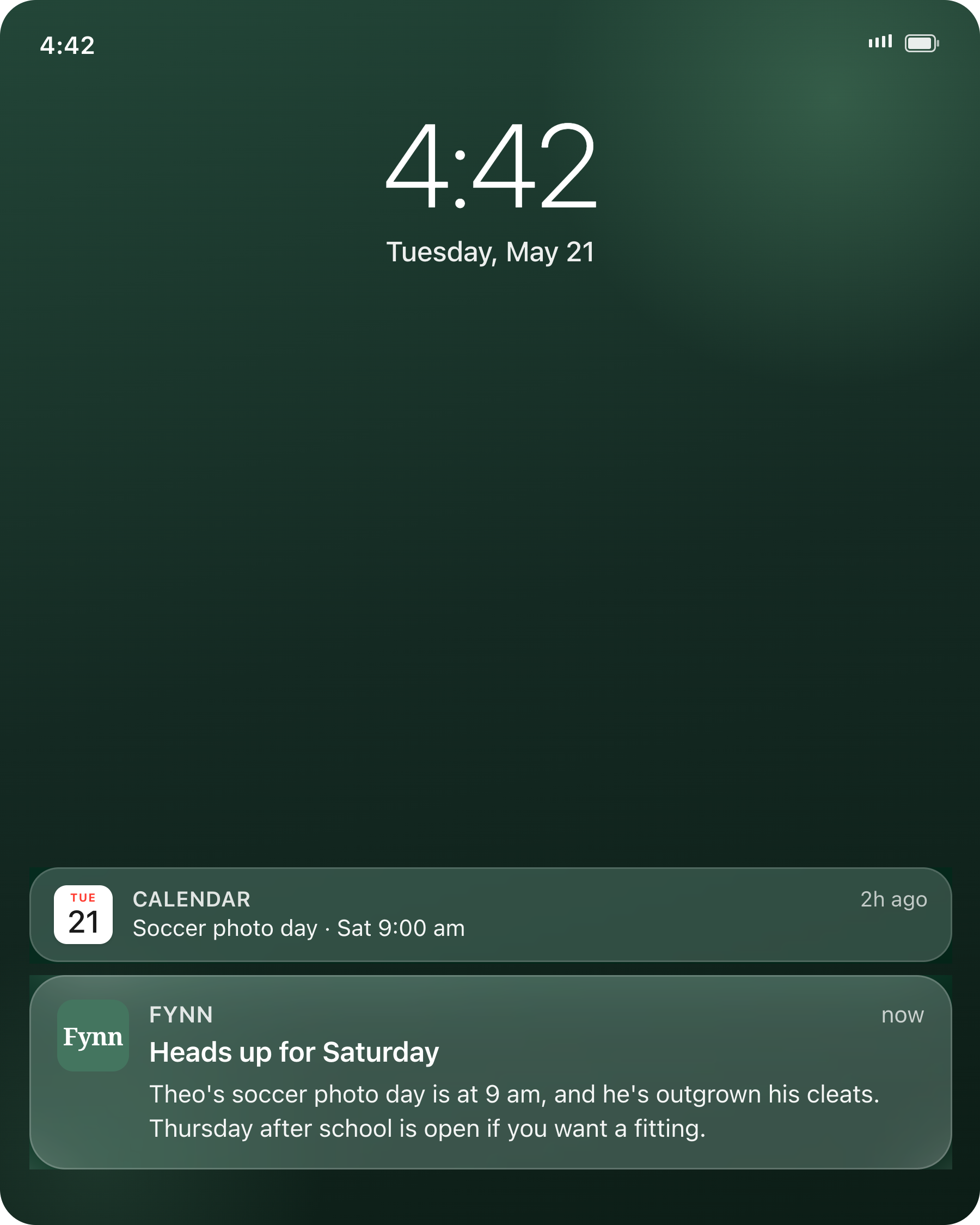 Phone lock screen with a calendar reminder for 'Soccer photo day, Saturday 9:00 am' and a Fynn alert titled 'Heads up for Saturday' noting Theo's photo day and that he's outgrown his cleats, with a Thursday fitting open.