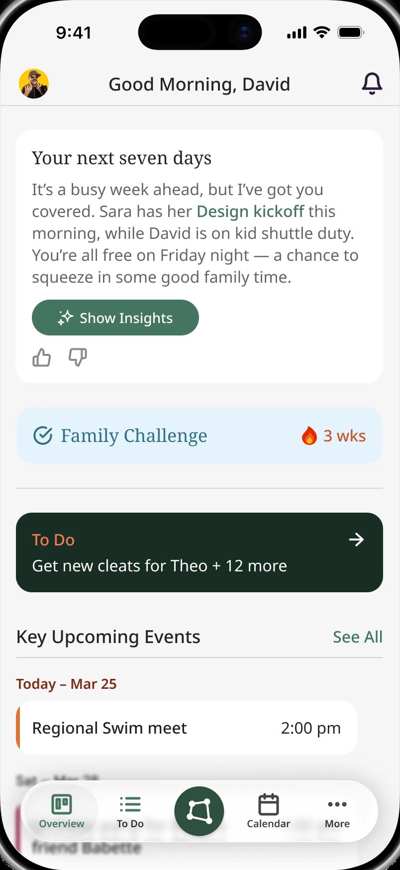 Fynn overview screen greeting David with a summary of the next seven days, including who has what this week, a family challenge streak, the to-do list, and key upcoming events.