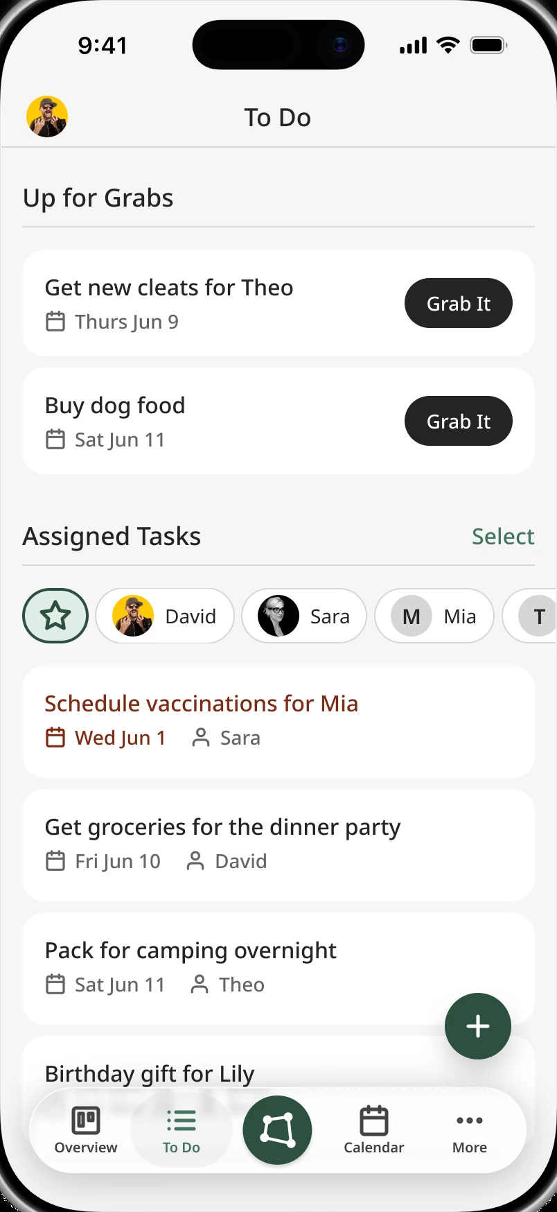 Fynn to-do screen with an Up for Grabs section where either parent can tap Grab It to take a task, plus assigned tasks showing who is handling what and when.