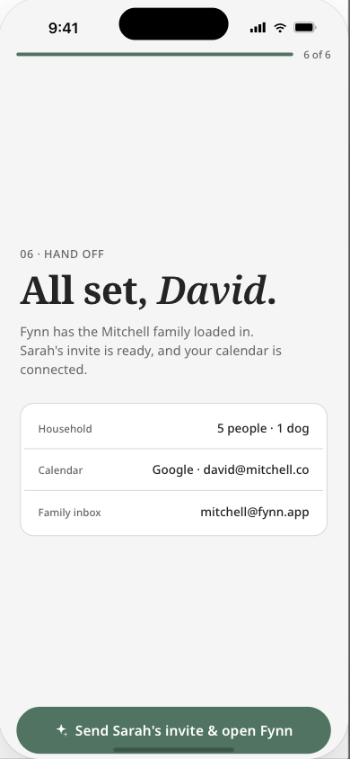 Fynn onboarding summary screen reading 'All set, David', listing the household, the connected calendar, and the family inbox.