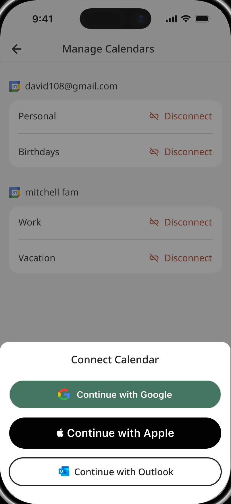 Fynn onboarding step 2: a Manage Calendars screen listing the Google calendars already connected, with a Connect Calendar sheet offering Continue with Google, Apple, or Outlook.