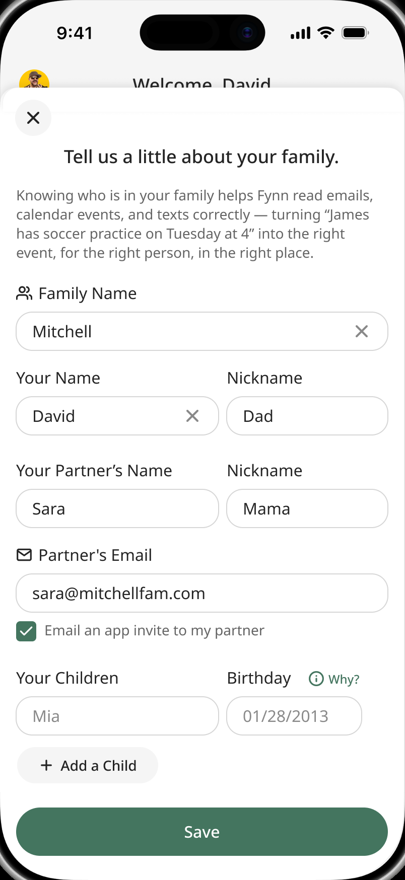 Fynn onboarding step 1: 'Tell us a little about your family' form with the Mitchell family name, parents David and Sara with the nicknames Dad and Mama, and fields to add each child and their birthday.